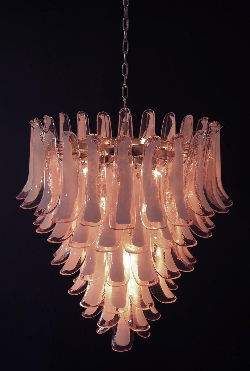 Lighting Fabulous Pair Of Italian 75 Pink And White Petal Chandeliers, Murano photo
