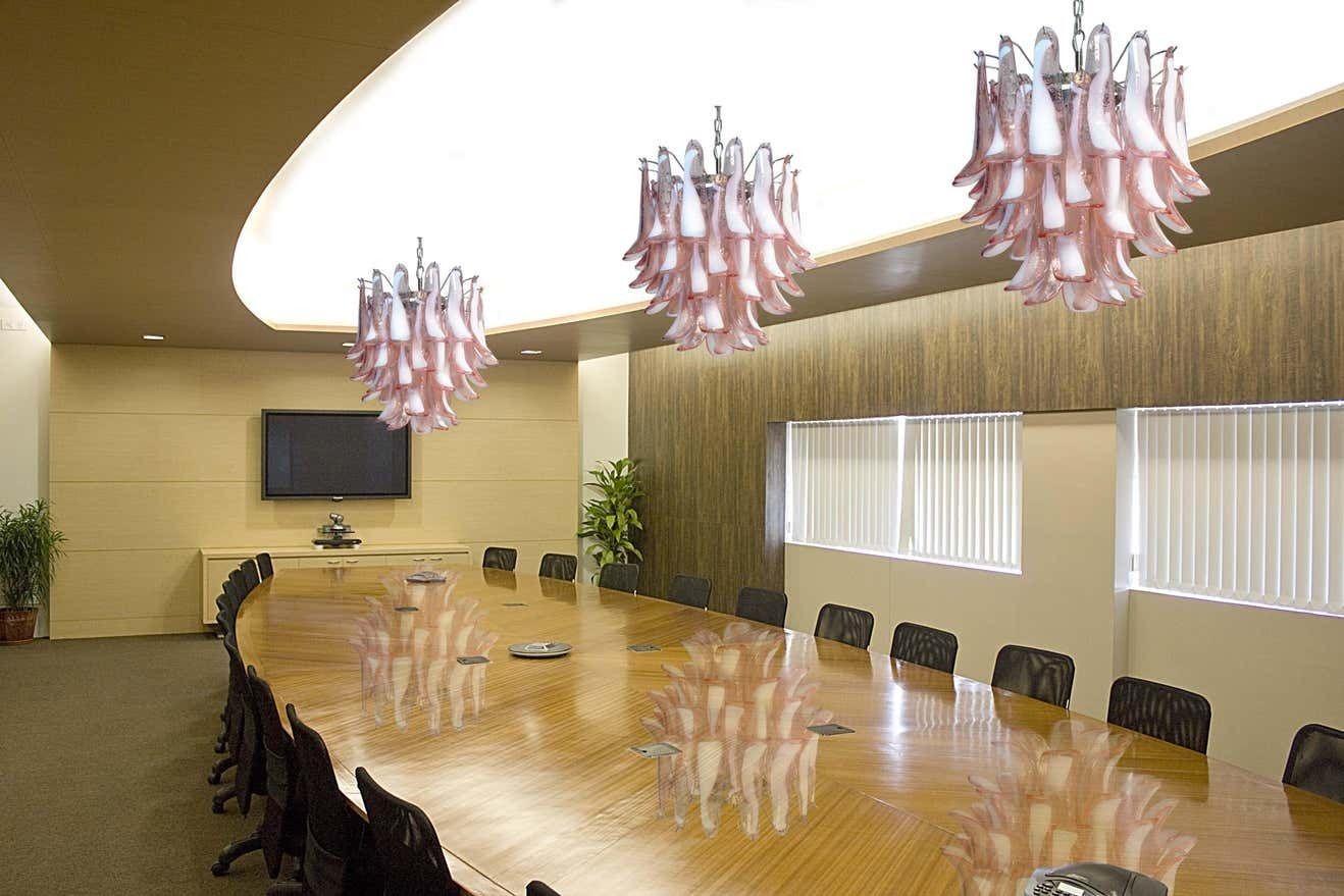 Pair Of Italian 41 Pink Petal Chandeliers, Murano photo for sale