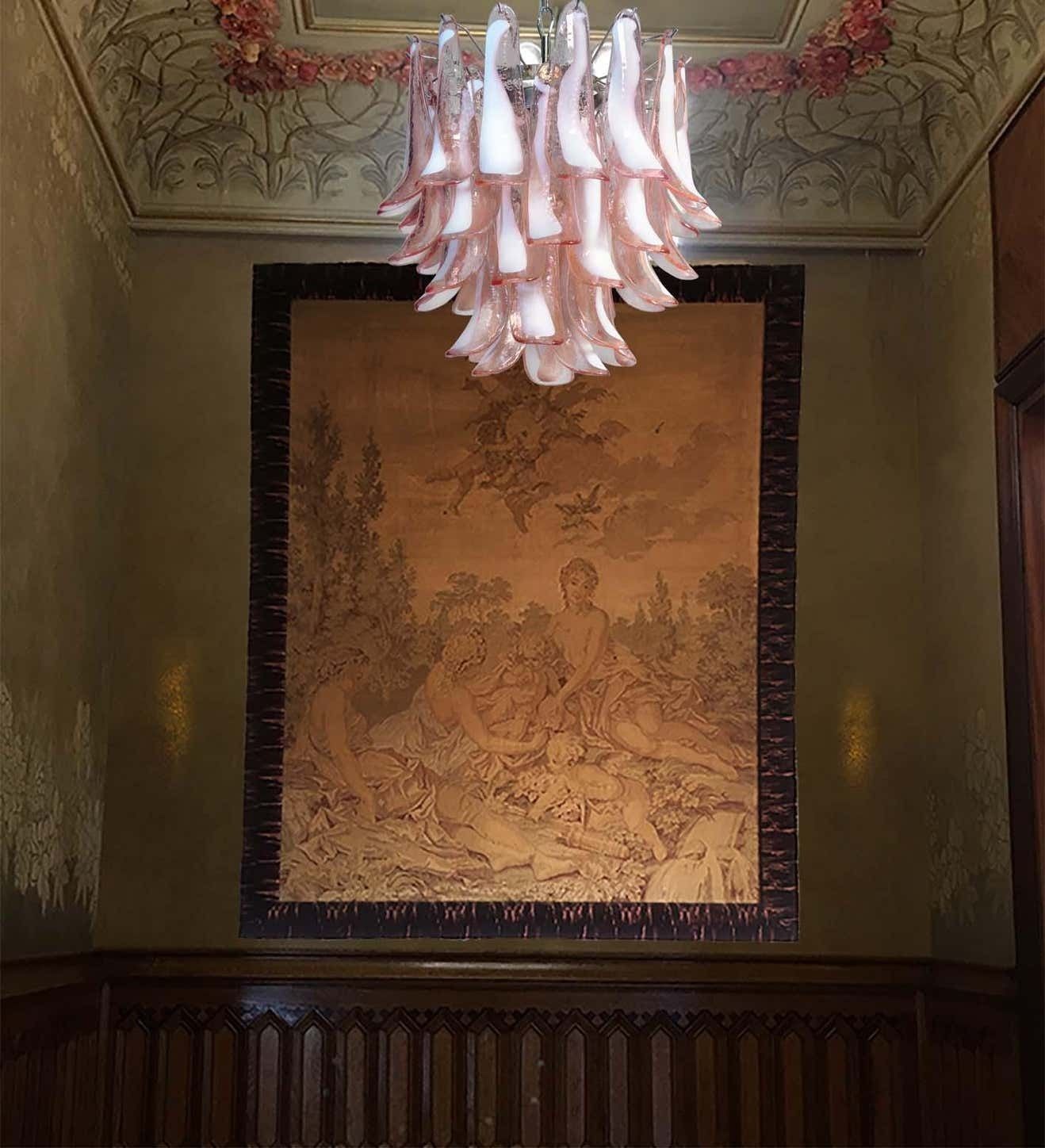 Pair Of Italian 41 Pink Petal Chandeliers, Murano photo vinterior