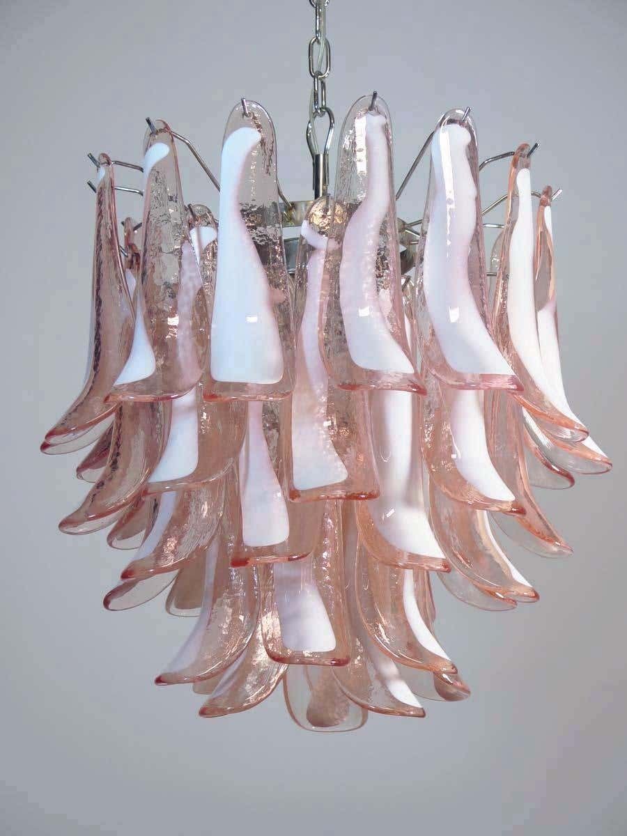 Lighting Pair Of Italian 41 Pink Petal Chandeliers, Murano photo