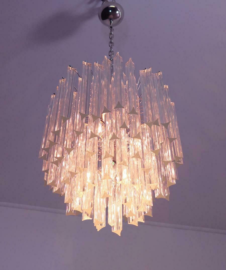 Pair Of Chandeliers Venini Style 92 Trasparent Prism Triedri, Murano, 1990 photo 3393.0