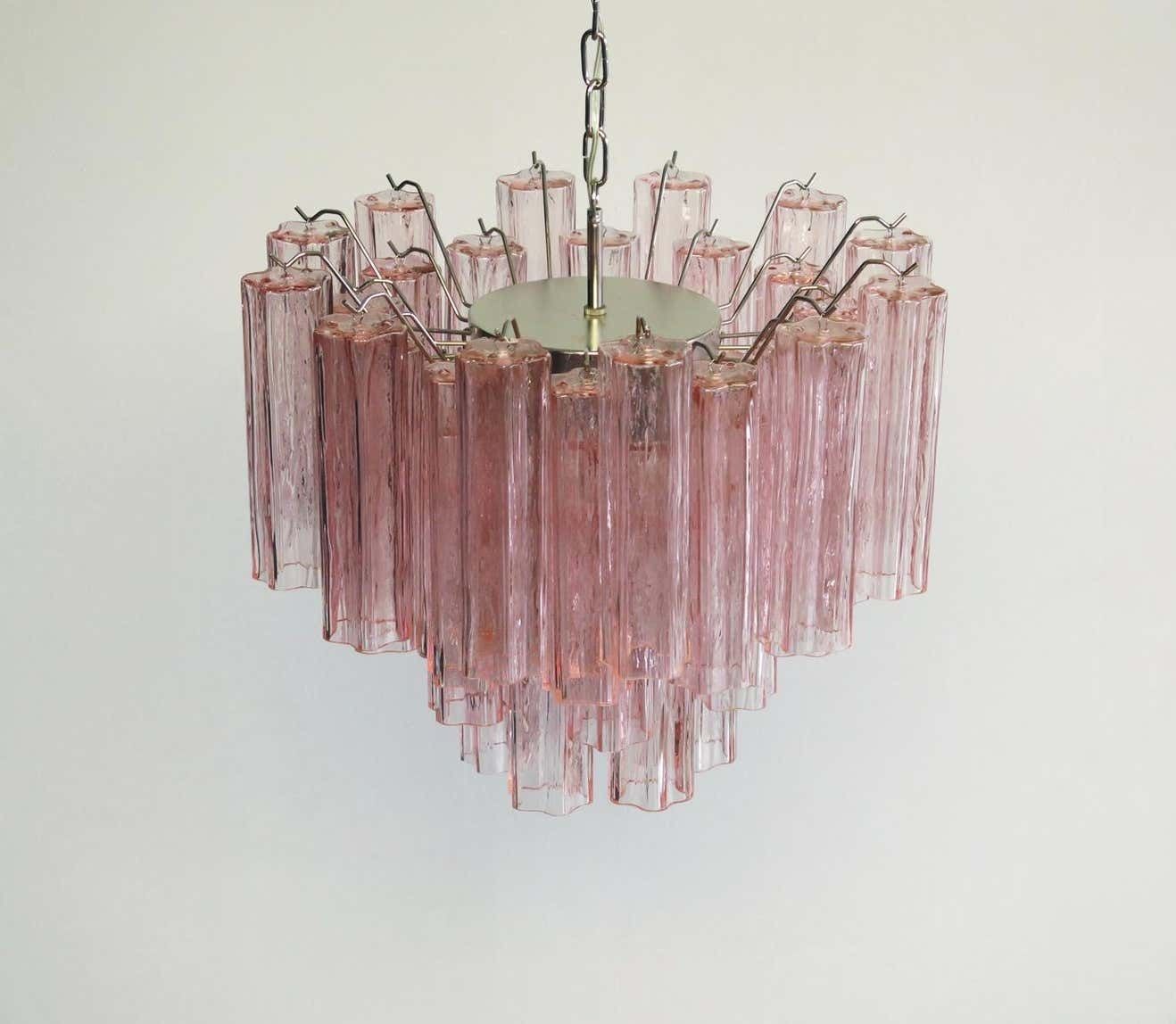 Pair Of Italian 36 Pink Glass Tube Chandeliers, Murano, 1970s photo 2844.0