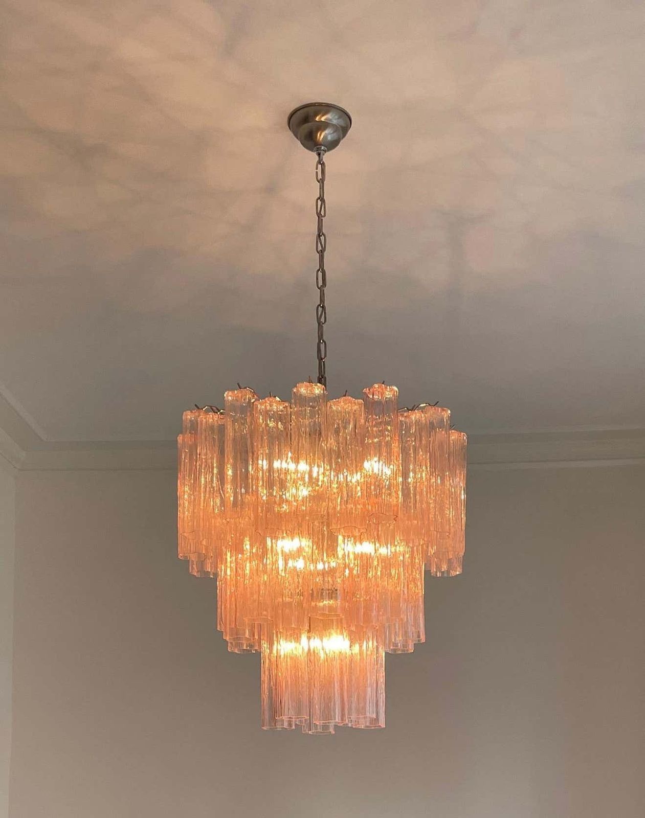 Pair Of Italian 36 Pink Glass Tube Chandeliers, Murano, 1970s photo buy