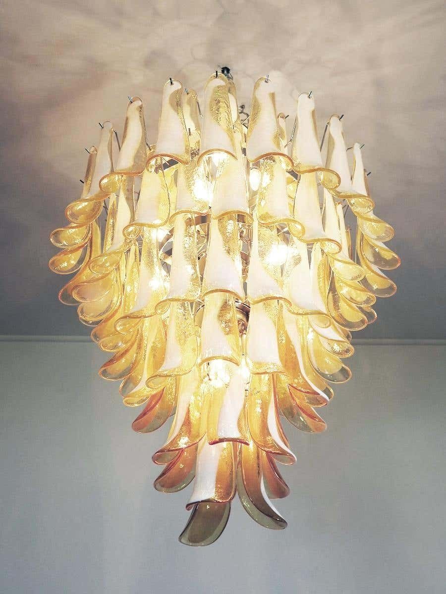 Stunning Chandelier Mazzega Murano, Italy, 85 Caramel Lattimo Glass Petals photo vinterior