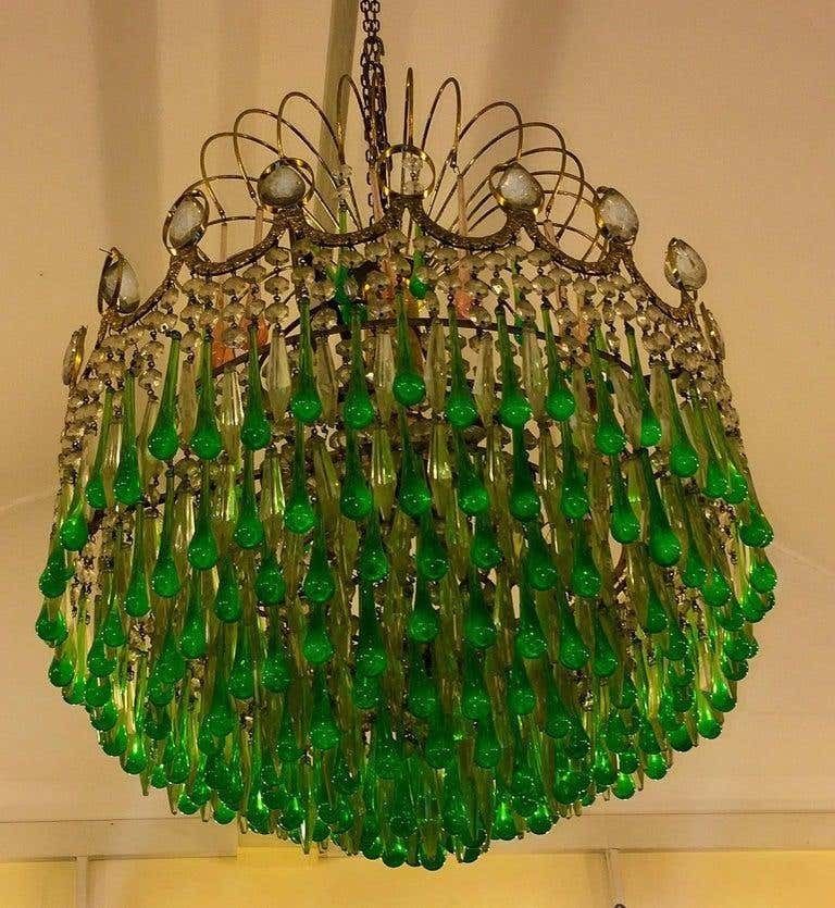 Italian Green Glass Drops Chandelier Venini Style, Murano, 1970s photo for sale