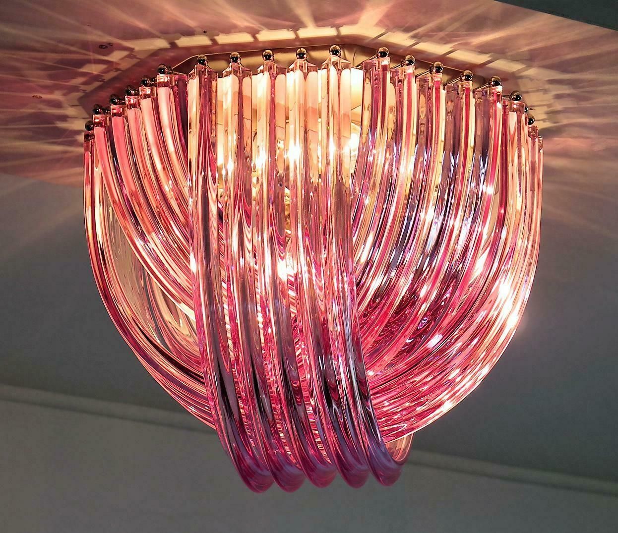 photo furniture Pair Murano Ceiling Linght Chandeliers, Pink Triedri, 20 Murano Glasses