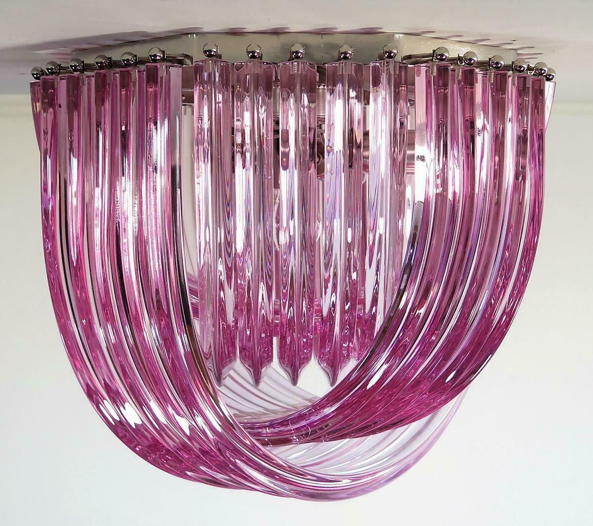photo vinterior Pair Murano Ceiling Linght Chandeliers, Pink Triedri, 20 Murano Glasses