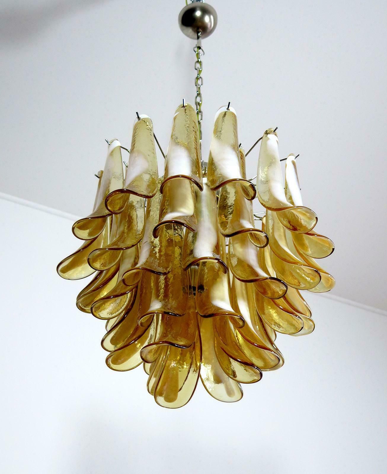 Pair Of Italian 41 Caramel Petal Murano Chandeliers, Mazzega Style photo buy