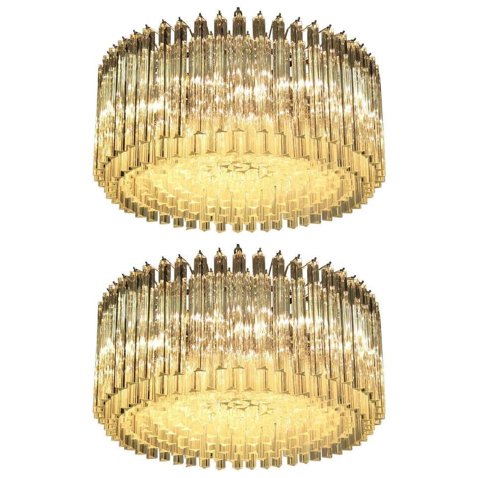 Mid 20th Pair Italian Triedri Glass Chandeliers, 265 Trasparent Prism, Murano
