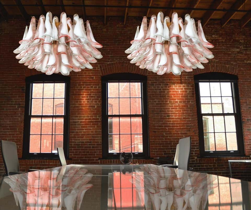 Pair Of Italian 64 Petals Chandeliers Ceiling Light, Murano photo furniture