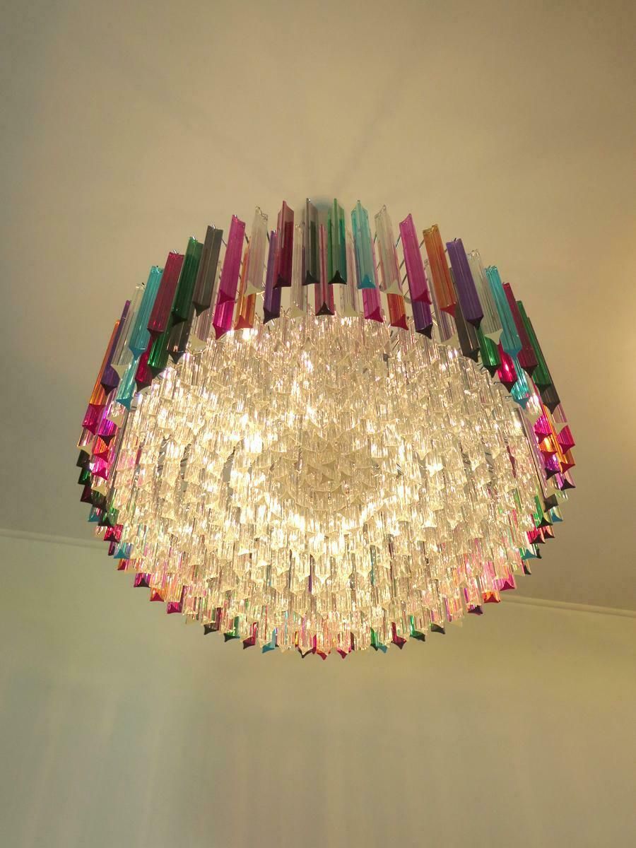 photo vinterior Pair Of Triedri Italian Glass Multicolour Chandeliers, Venini Style, Murano, 1995