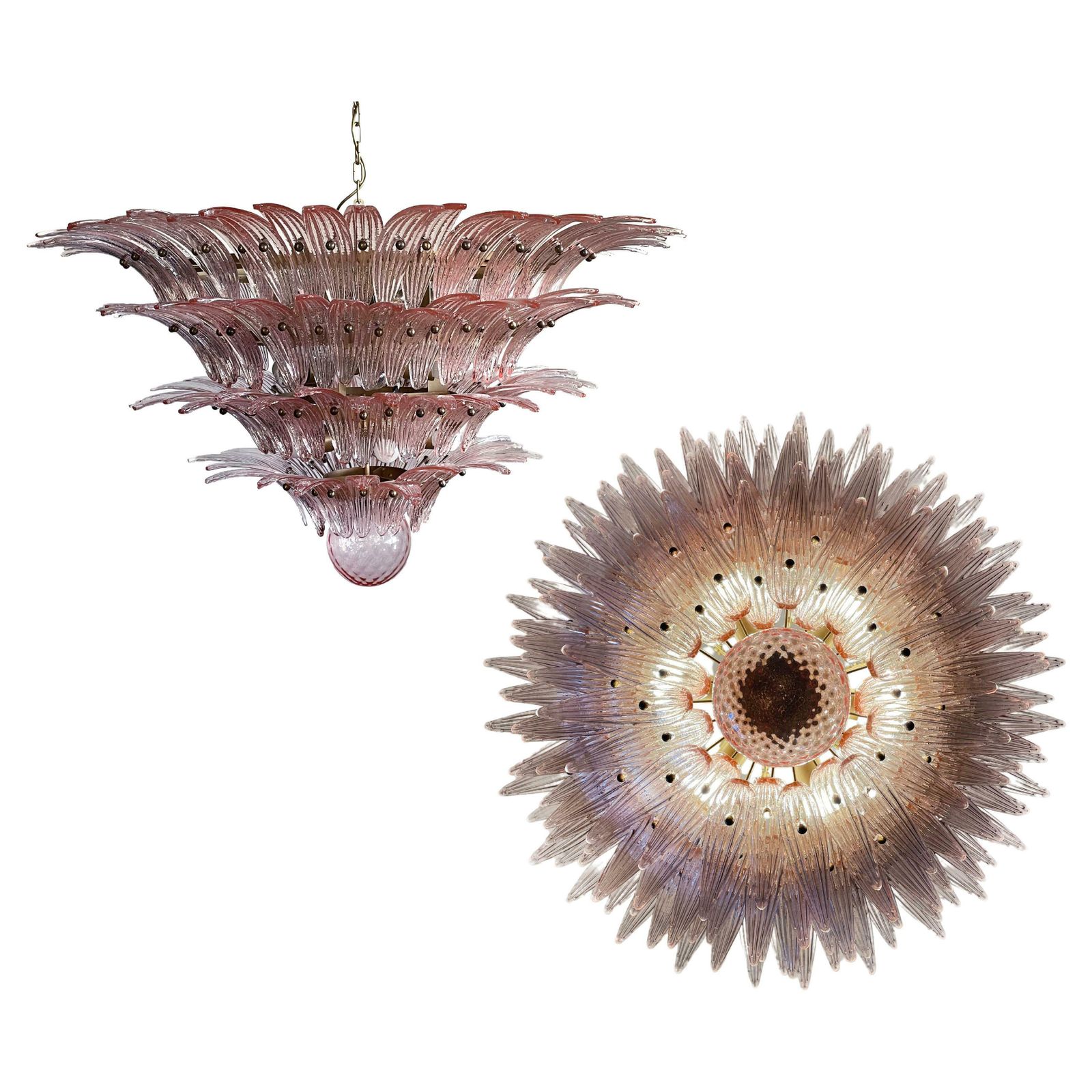 Monumental Pair Of Pink Glass Leaf Chandeliers, Murano