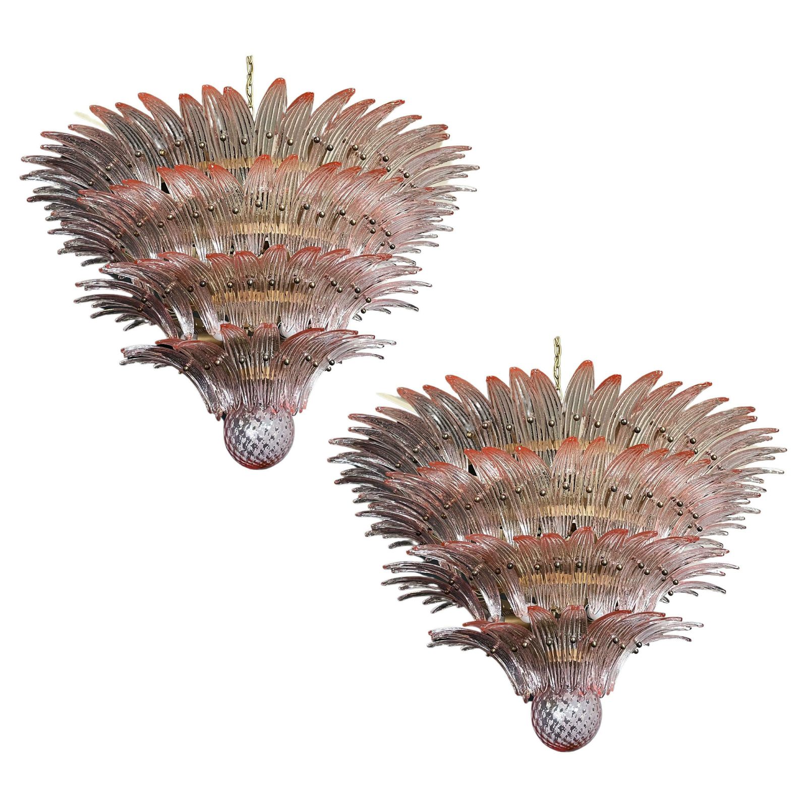 Monumental Pair Of Pink Glass Leaf Chandeliers, Murano photo furniture