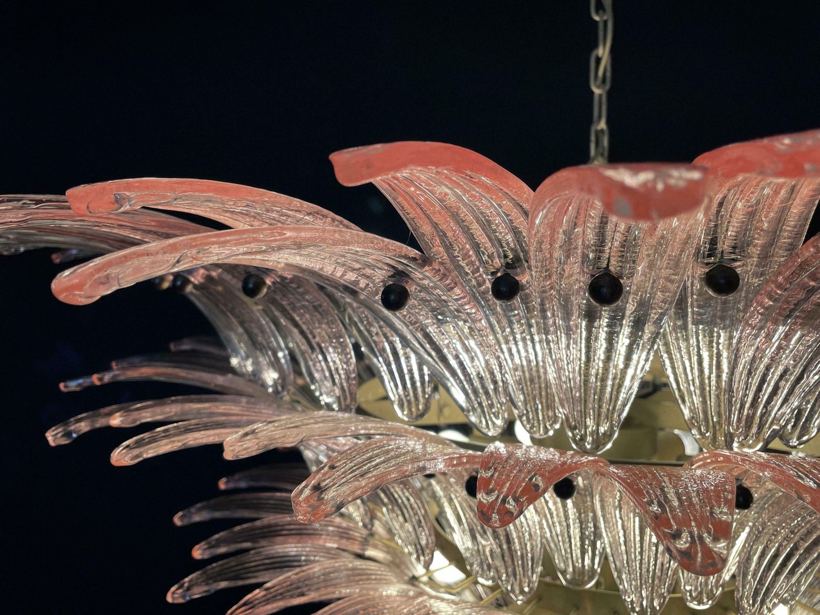 6448.0 Monumental Pair Of Pink Glass Leaf Chandeliers, Murano photo
