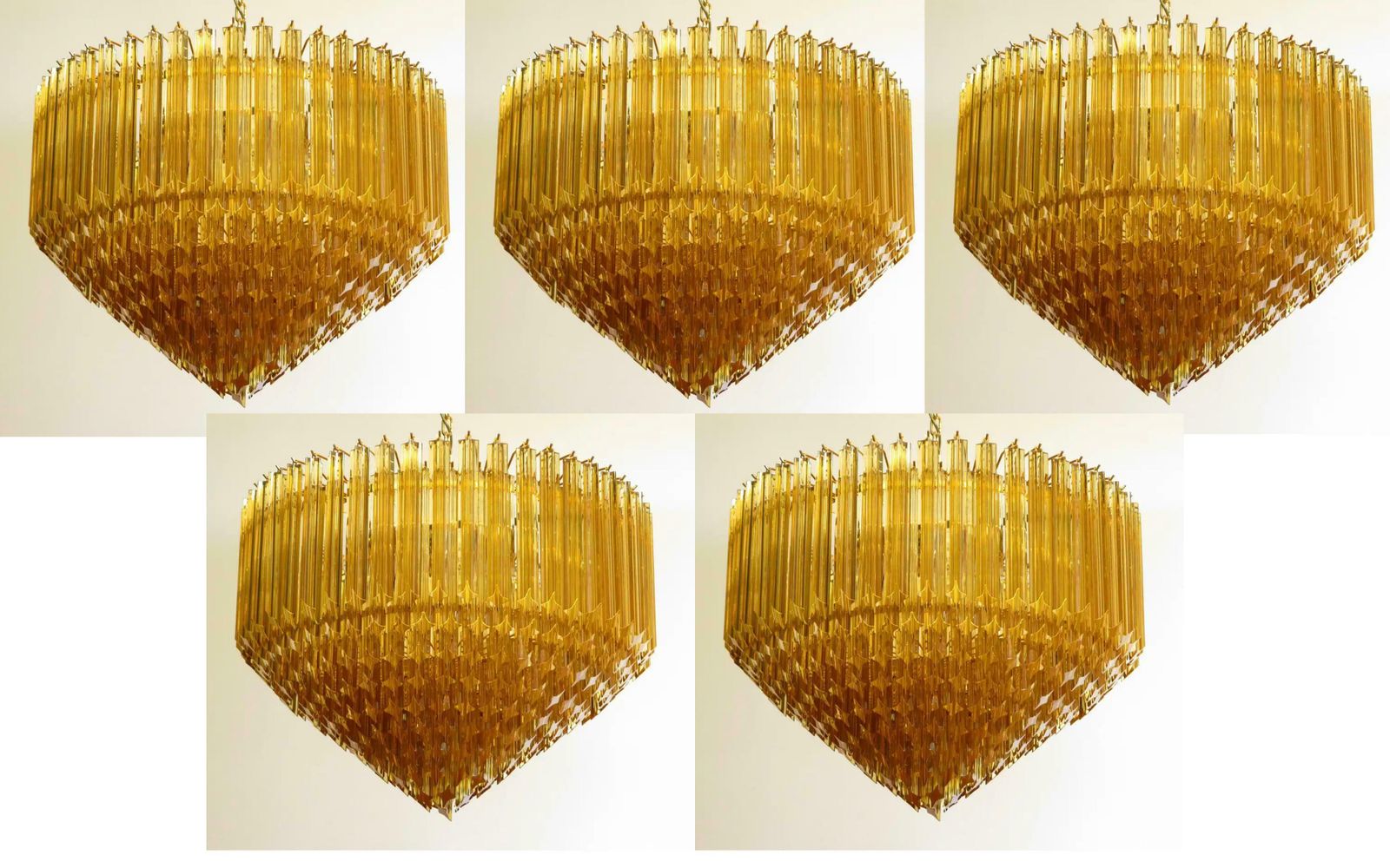 Set Five Quadriedri Murano Glass Chandelier, 265 Amber Prism, Gold Frame photo 28266.0