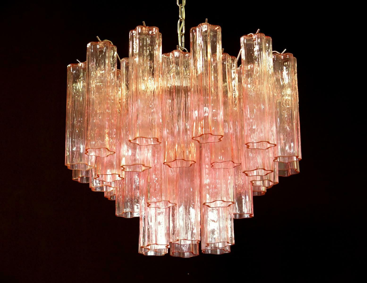 photo for sale Four Tronchi Chandeliers Style Toni Zuccheri, 36 Pink Glasses, Murano, 1990