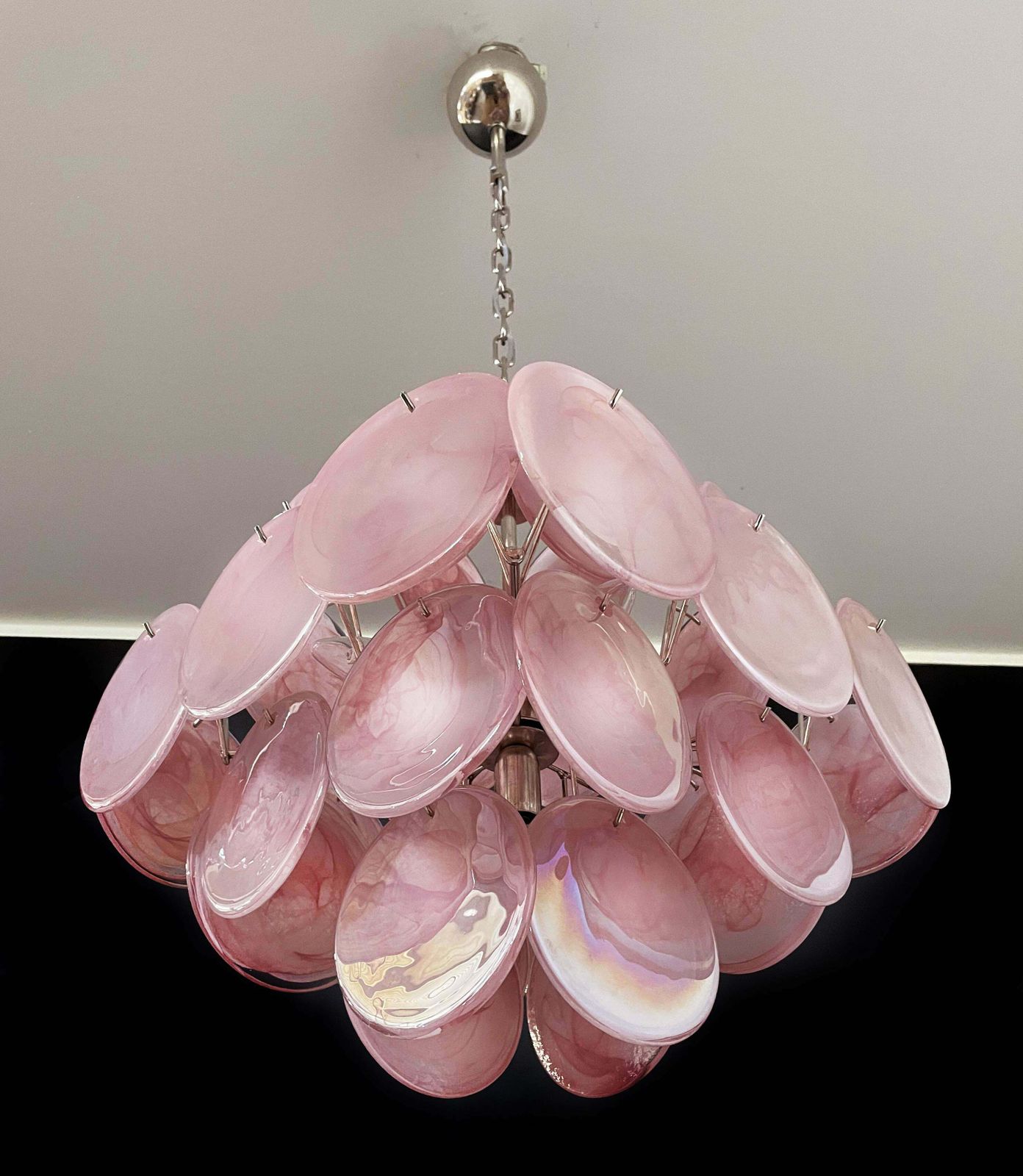 Pair Of Disc Pink Murano Glass Chandeliers By Vistosi Style photo Lighting