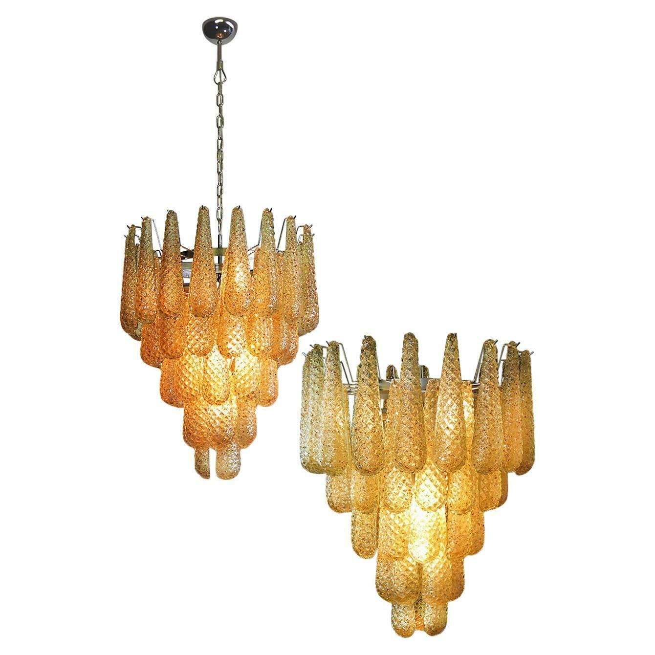 Pair Of Italian Amber Crystal Chandelier, Murano