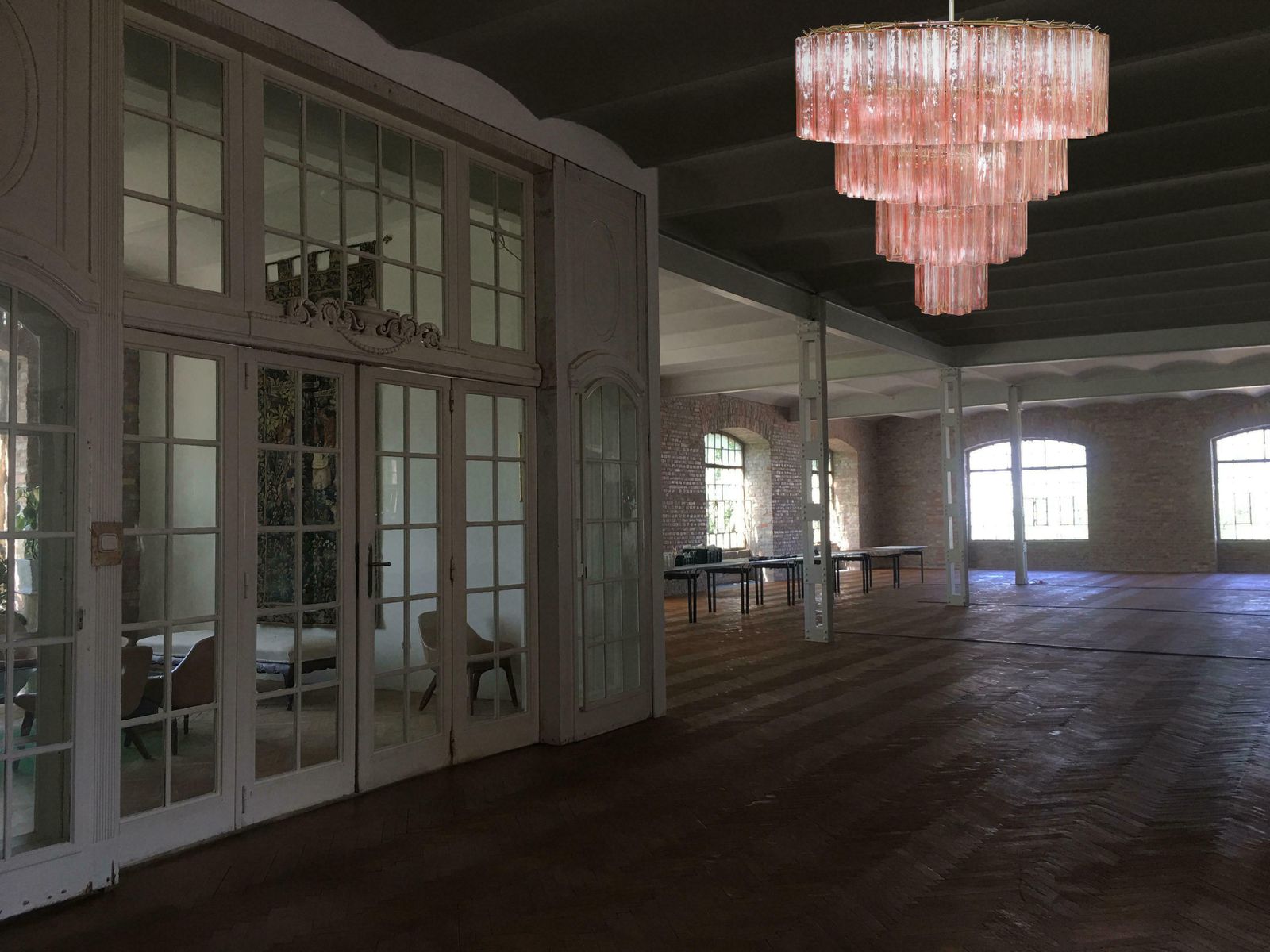 Italian Tronchi Chandelier, 78 Pink Glasses, Murano, 1990 photo for sale