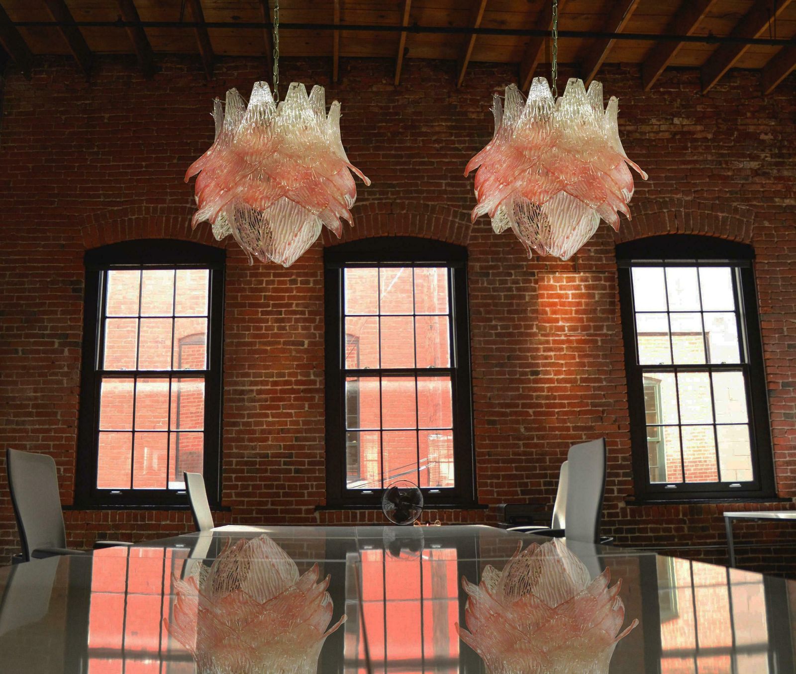 Pair Of Italian Murano Chandeliers Pink Glasses photo furniture