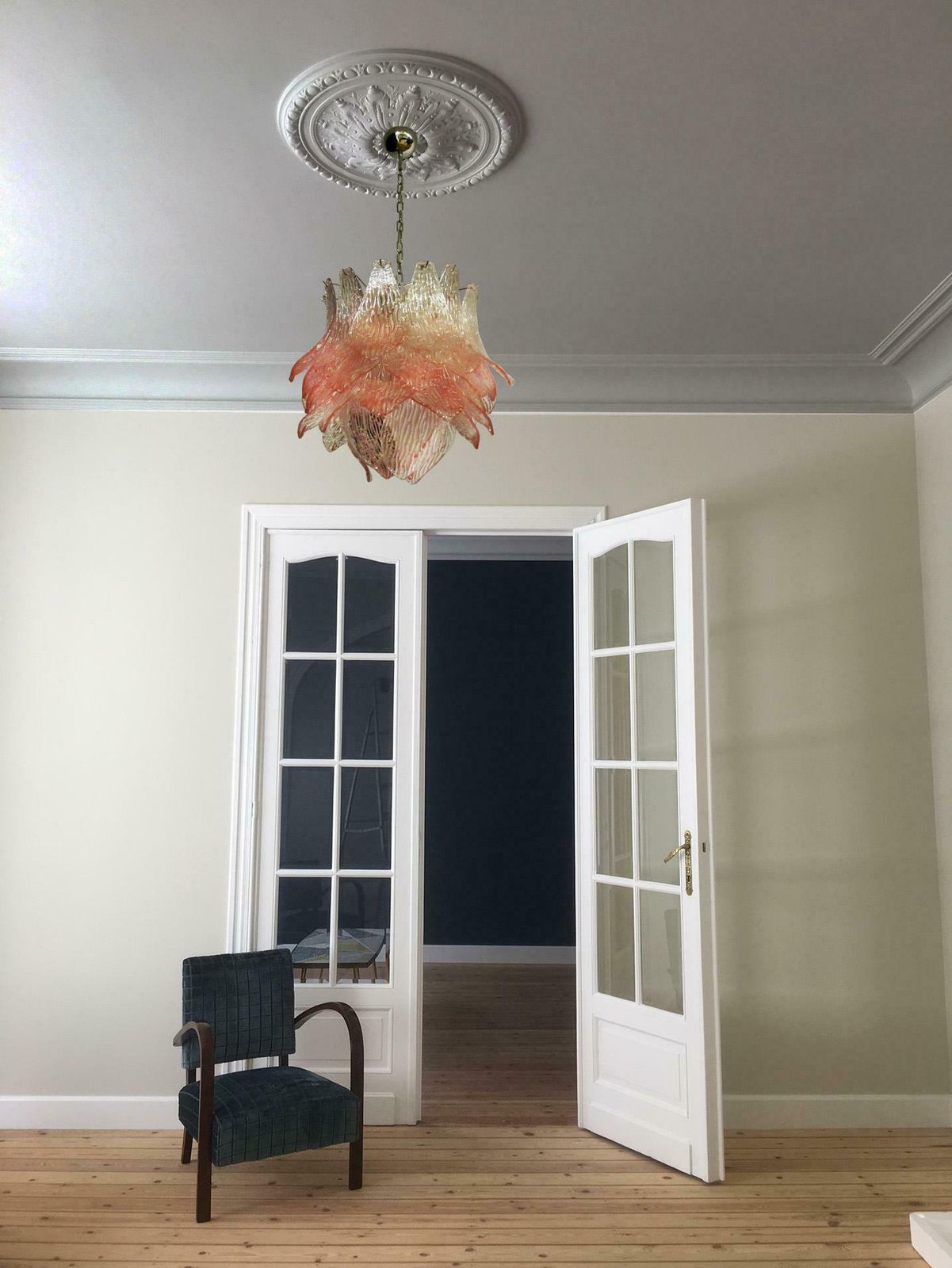 photo for sale Pair Of Italian Murano Chandeliers Pink Glasses