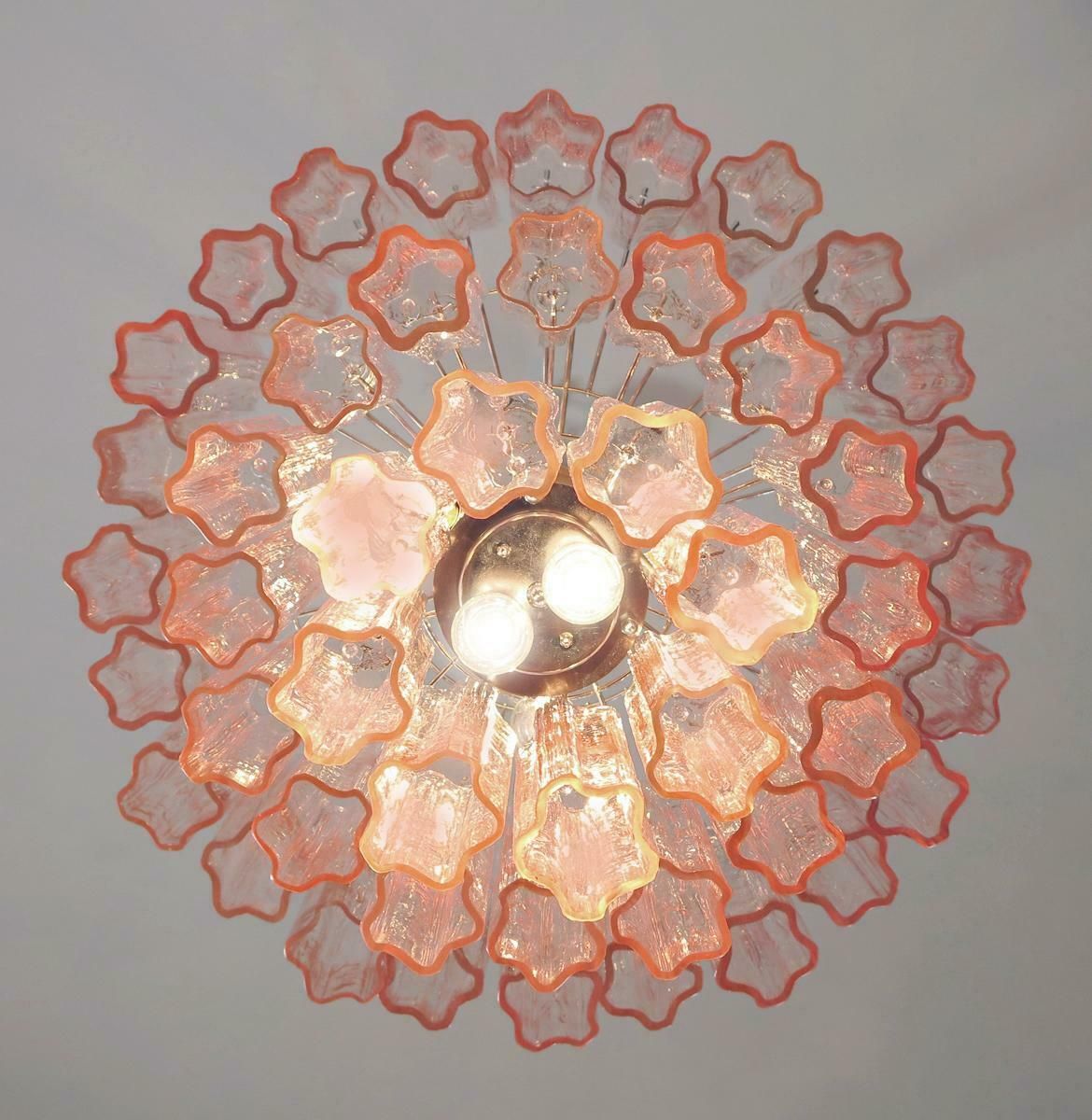 Pair Tronchi Chandeliers Style Toni Zuccheri, 48 Pink Glasses, Murano, 1990 photo vinterior