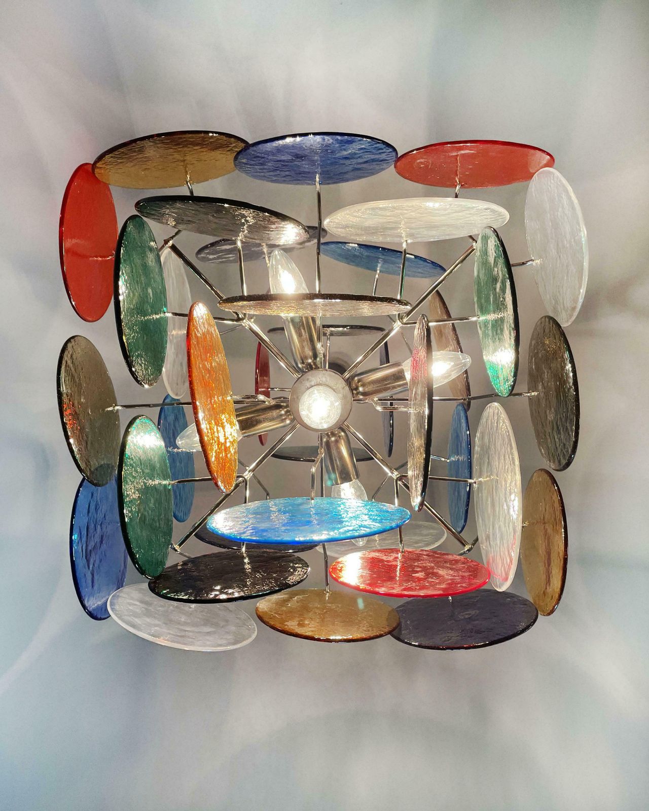 Lighting Pair Charming Mid Century Arlecchino Italian Disc Chandeliers, Murano, 1990s photo