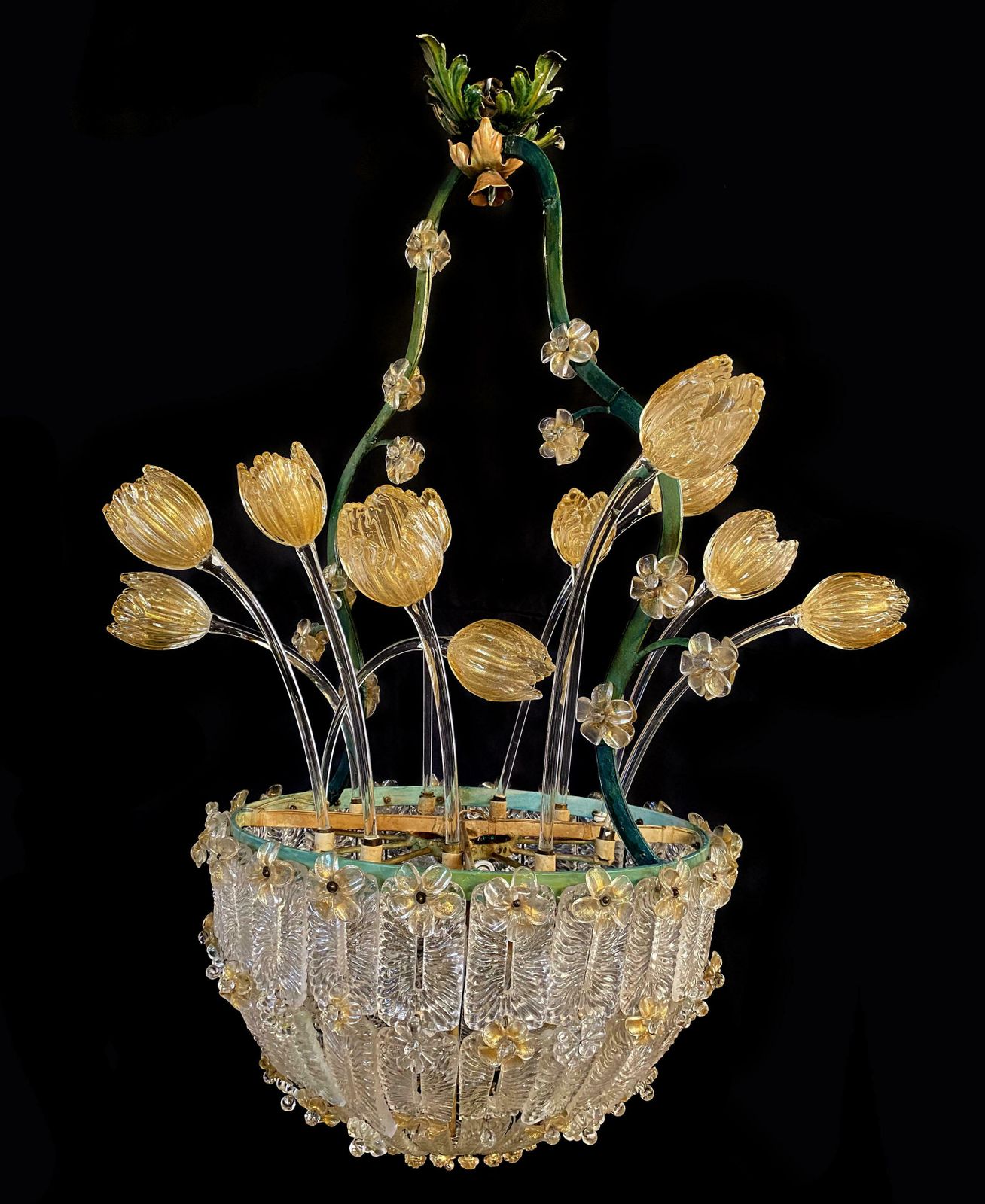 Amazing Glass Flower Chandelier With Gold Inclusions Murano 1950s photo buy