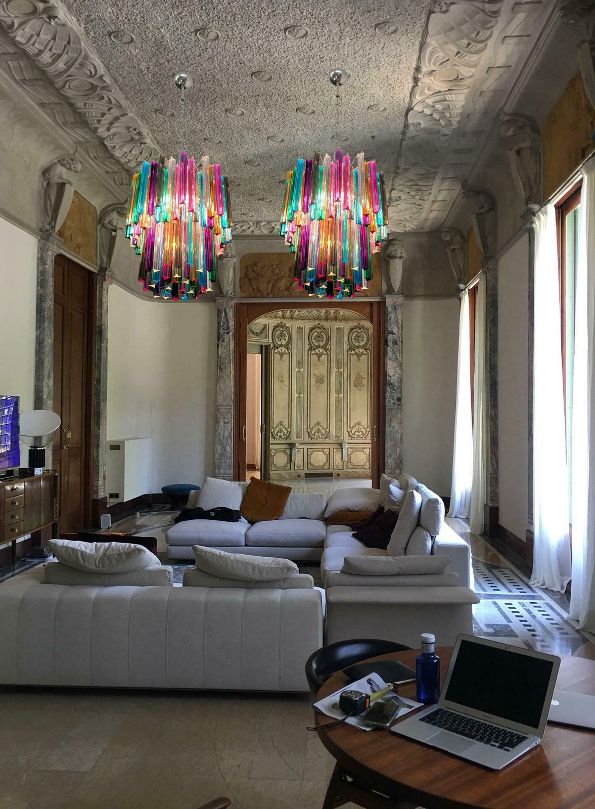 photo for sale Pair Italian Chandeliers Arlecchino Glass, Murano, 1970s