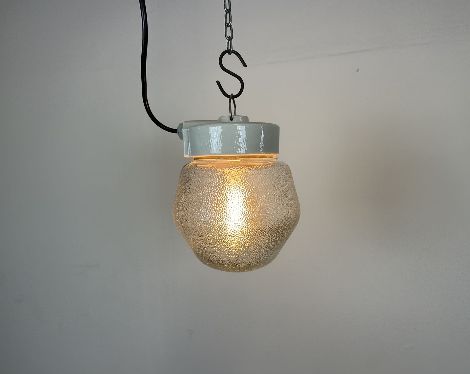 photo for sale Vintage White Porcelain Pendant Light With Frosted Glass, 1970s, 14x