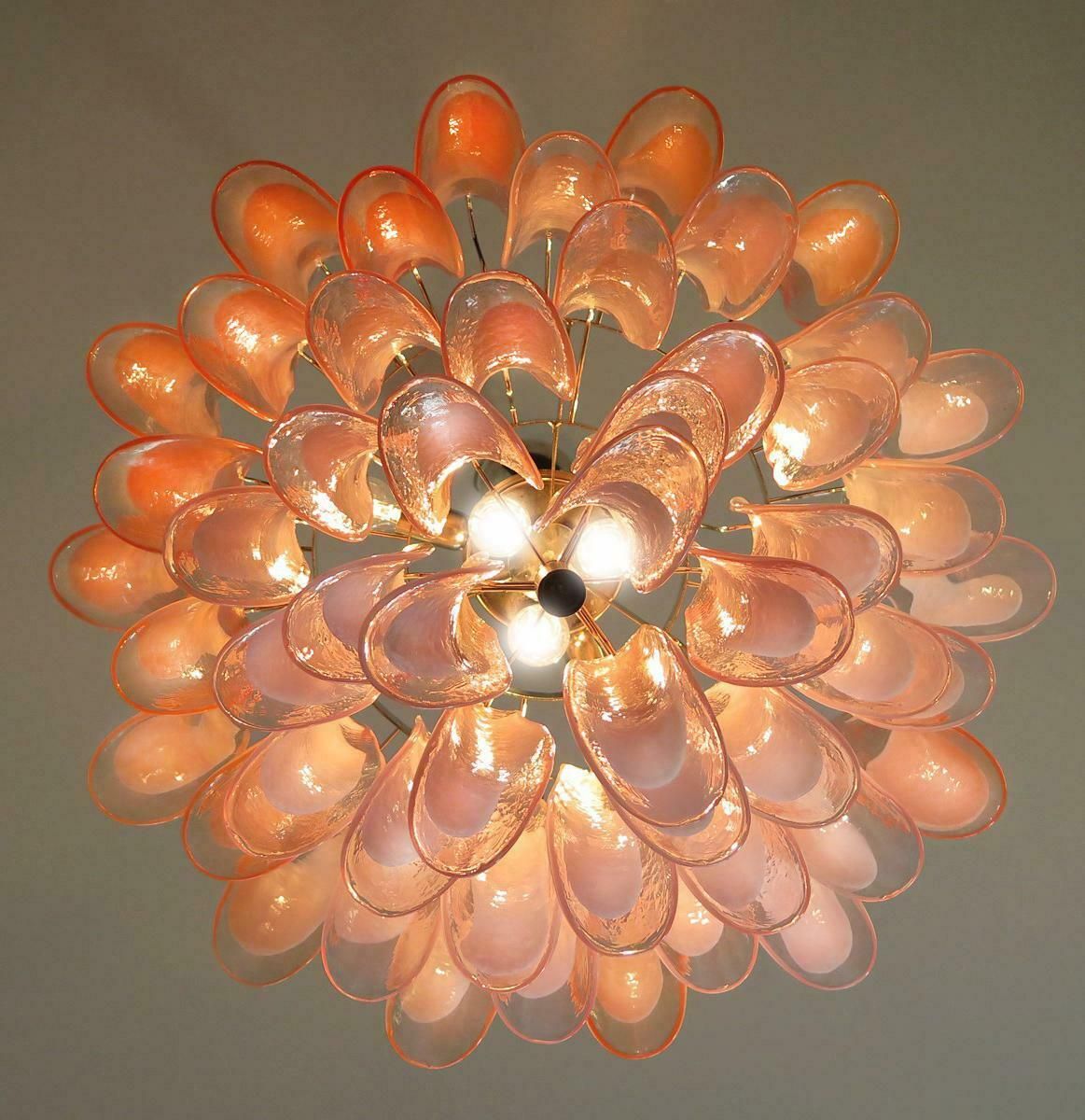Trio Of Flaming Italian 53 Pink Petal Chandeliers Murano photo vinterior