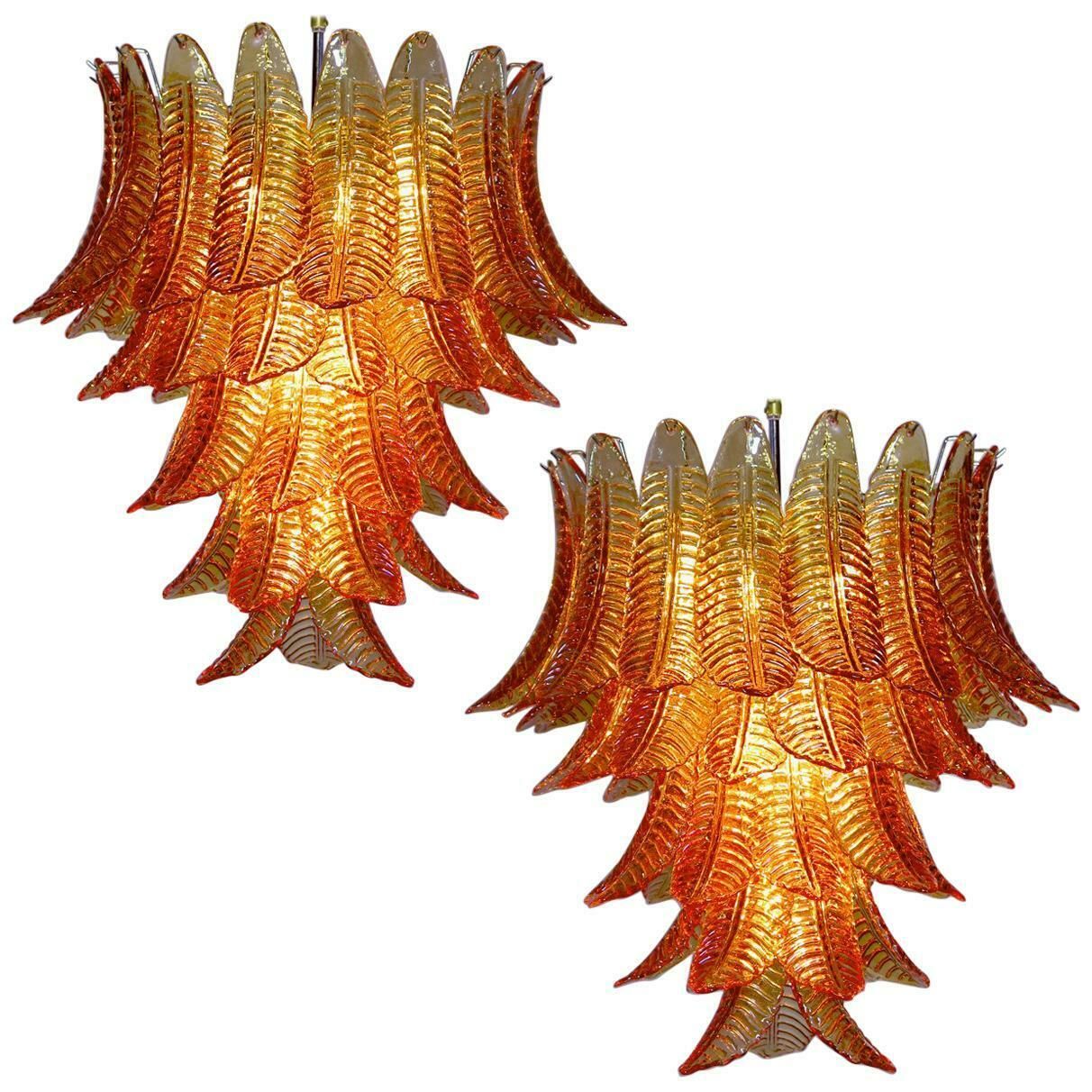 Pair Of Italian Leaves Chandeliers, Barovier & Toso Style, Murano