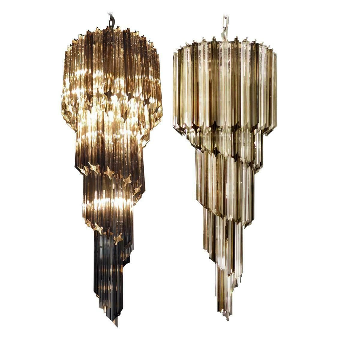 Pair Of Murano Chandeliers 86 Trasparent And Smoked Quadriedri Prism, Murano