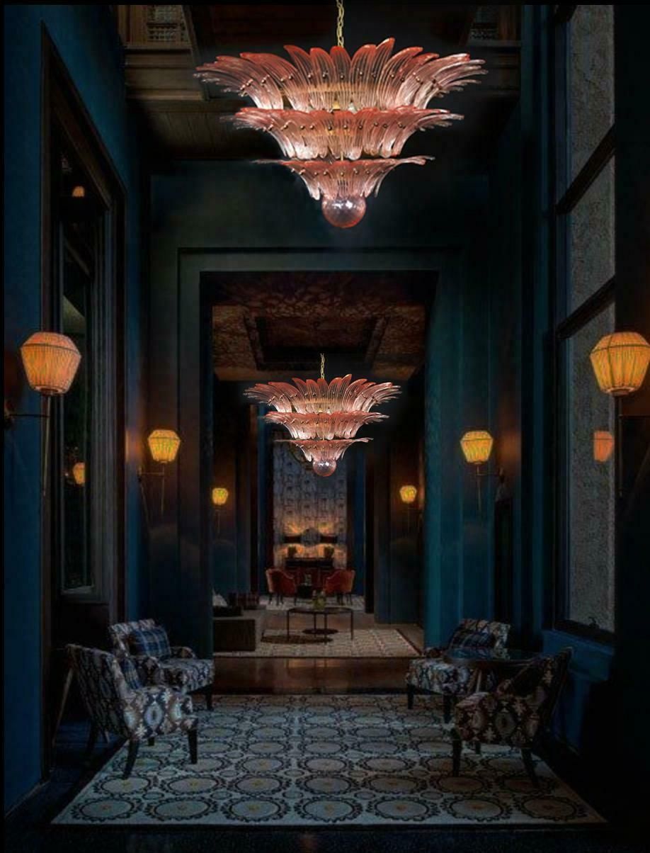 Pair Of Spectacular Pink Glass Chandeliers. Murano
