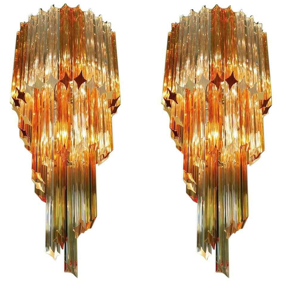photo for sale Pair Of Chandeliers Triedri Venini Style, Murano, 1980s