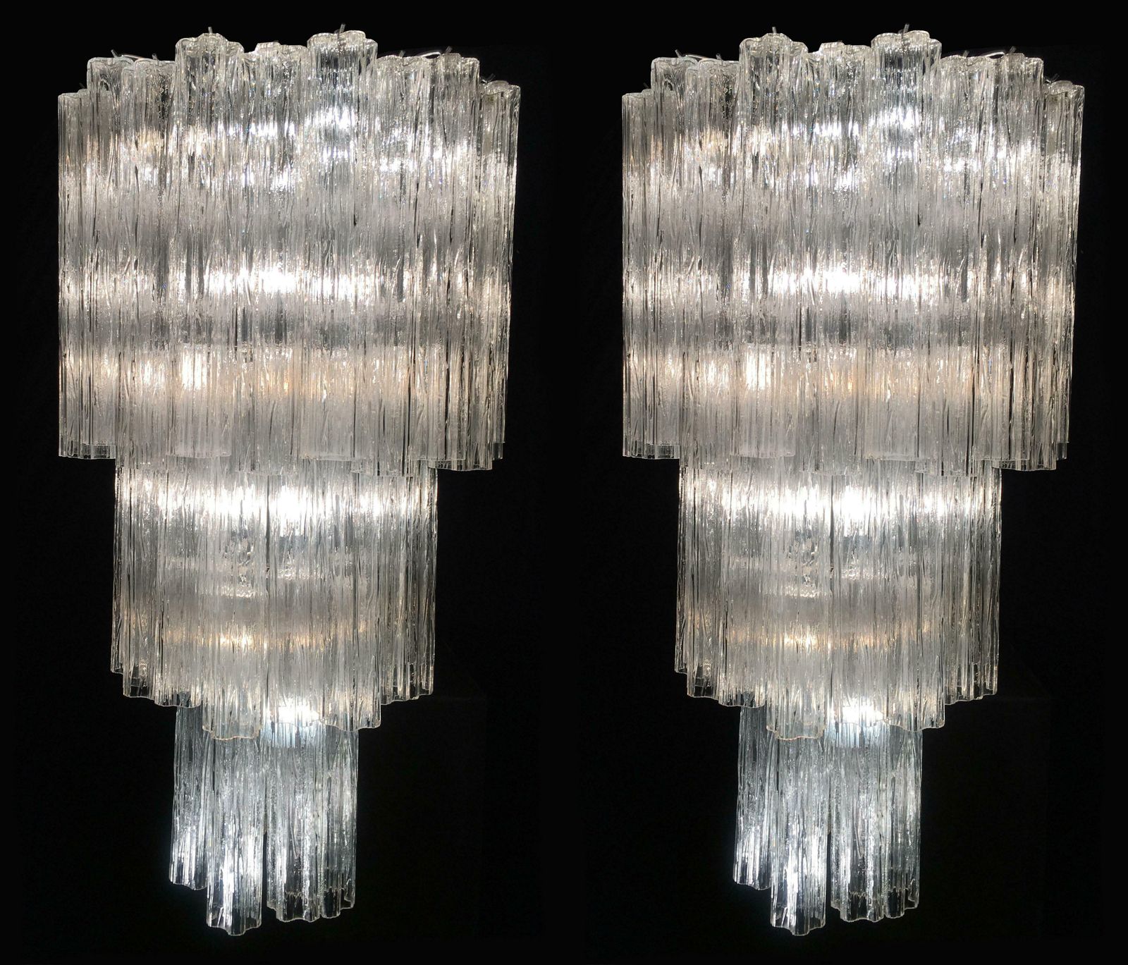 Pair Venetian Tronchi Chandeliers Style Toni Zuccheri 48 Glasses Murano 1990 photo for sale
