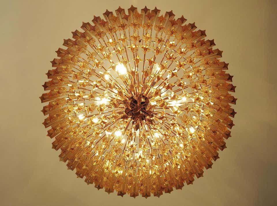 photo for sale Trio Of Quadriedri Murano Glass Chandelier, 265 Amber Prism, Gold Frame