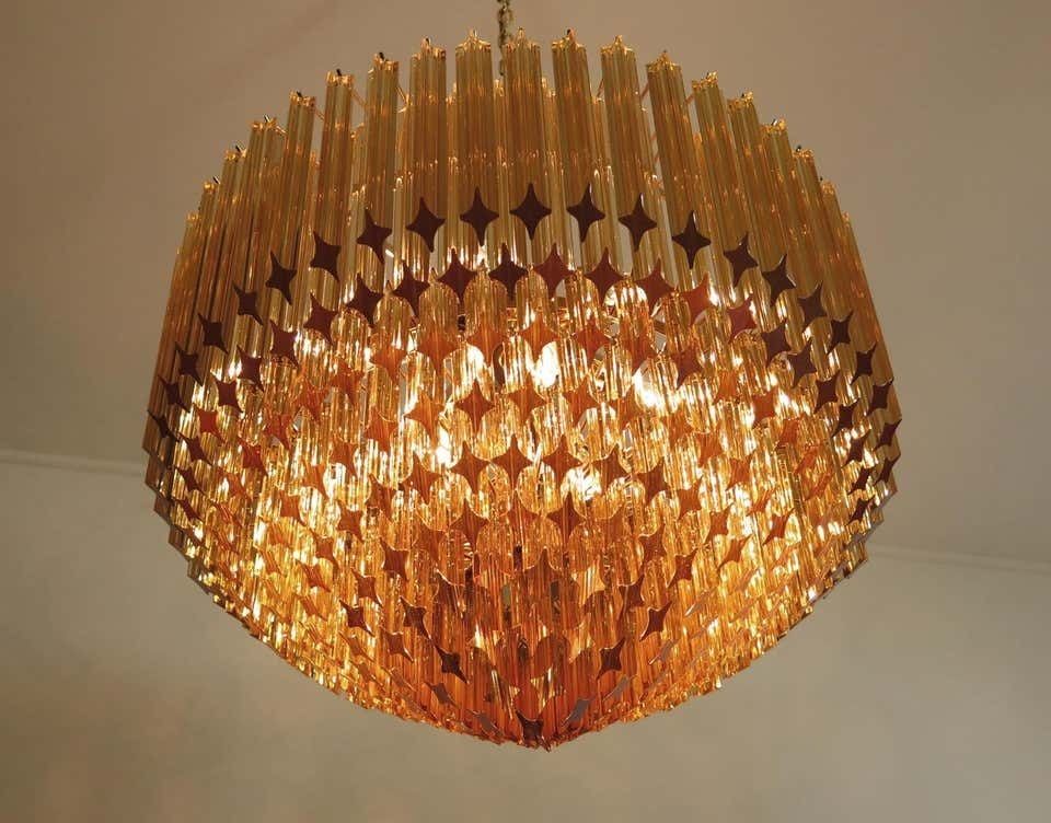 Lighting Trio Of Quadriedri Murano Glass Chandelier, 265 Amber Prism, Gold Frame photo