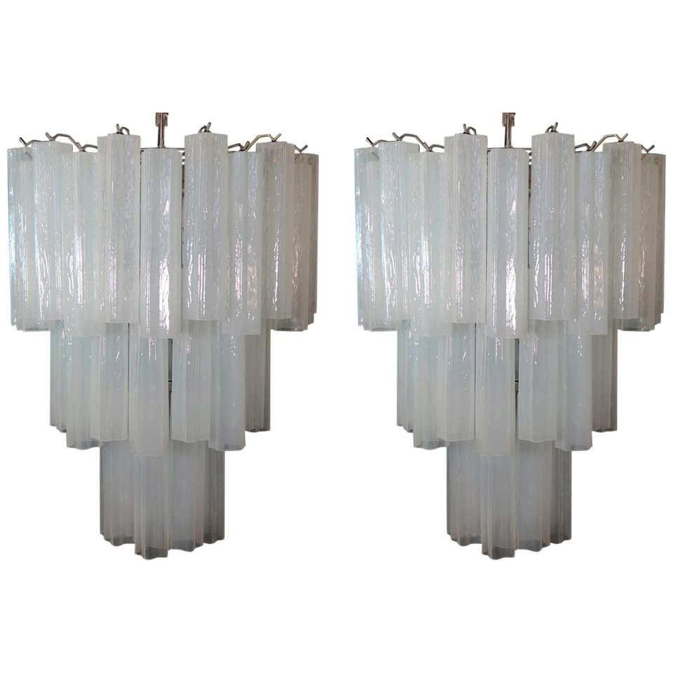 Pair Tronchi Chandeliers Style Toni Zuccheri, 48 White Glasses, Murano, 1990