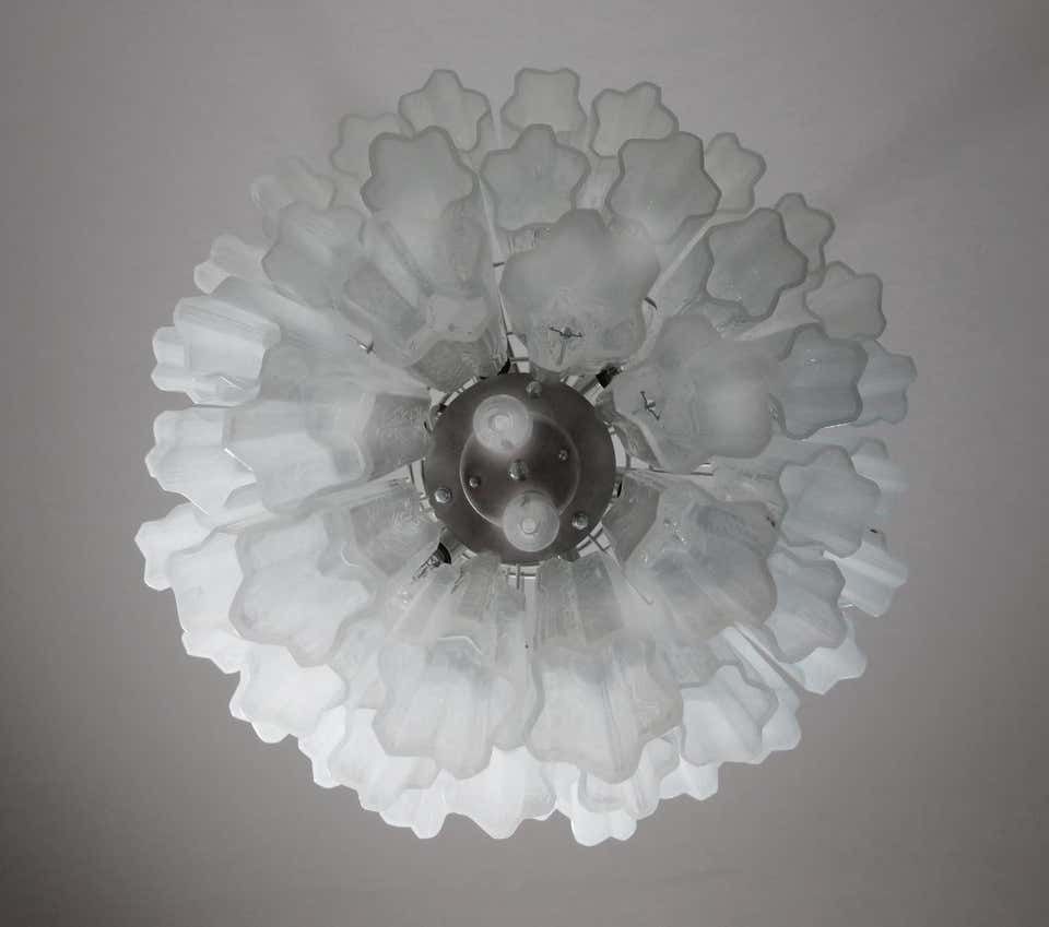 Pair Tronchi Chandeliers Style Toni Zuccheri, 48 White Glasses, Murano, 1990 photo for sale
