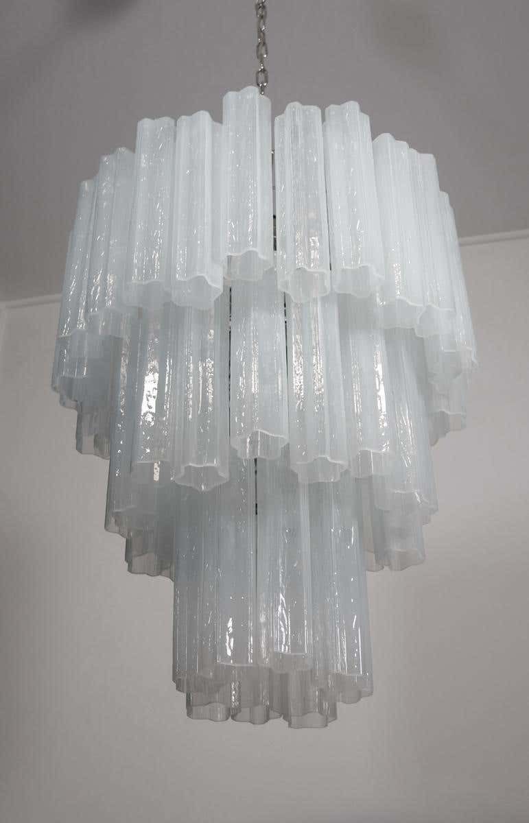 Pair Tronchi Chandeliers Style Toni Zuccheri, 48 White Glasses, Murano, 1990 photo Lighting