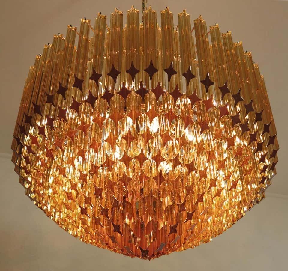 Pair Of Quadriedri Murano Glass Chandelier, 265 Amber Prism, Gold Frame photo vintage