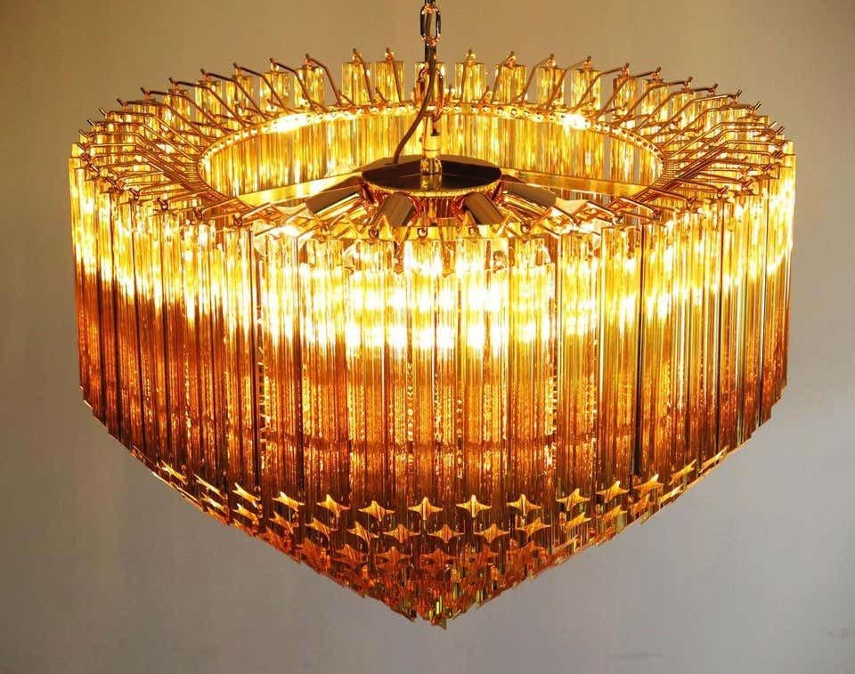 photo vintage Pair Of Quadriedri Murano Glass Chandelier, 265 Amber Prism, Gold Frame