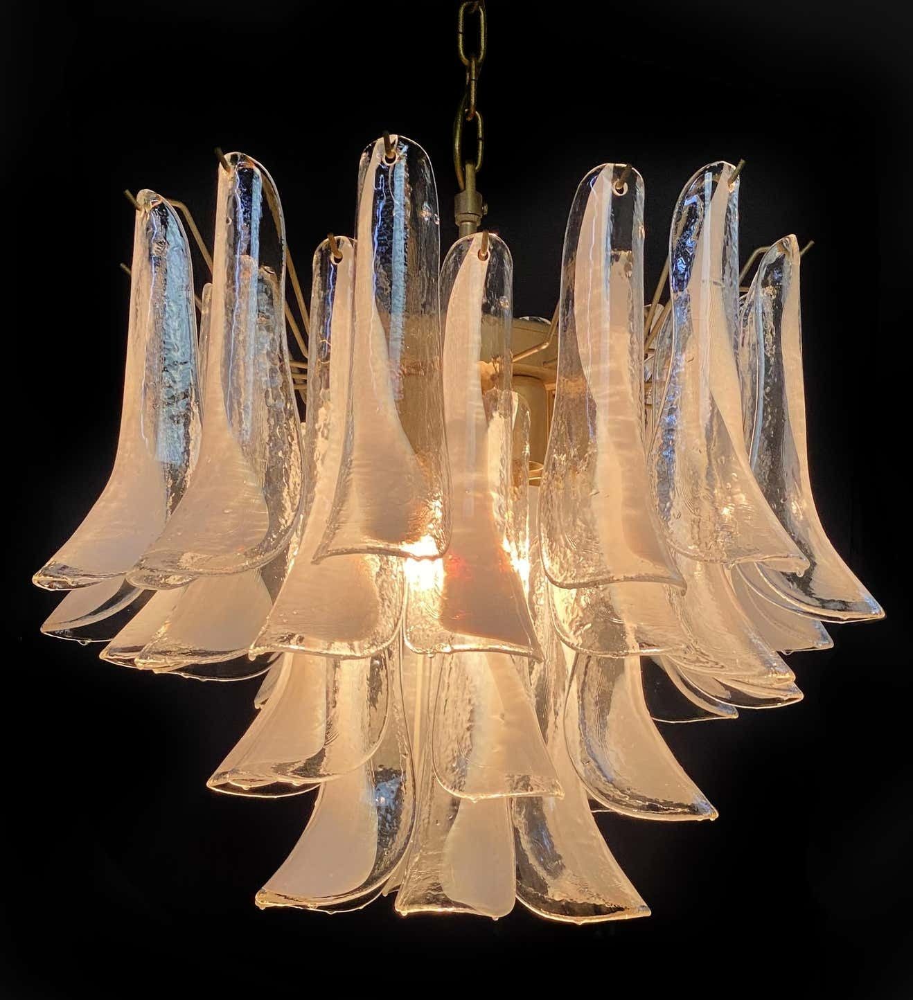 photo buy Elegant Pair Of 36 White Petal Chandeliers, Murano, 1990s