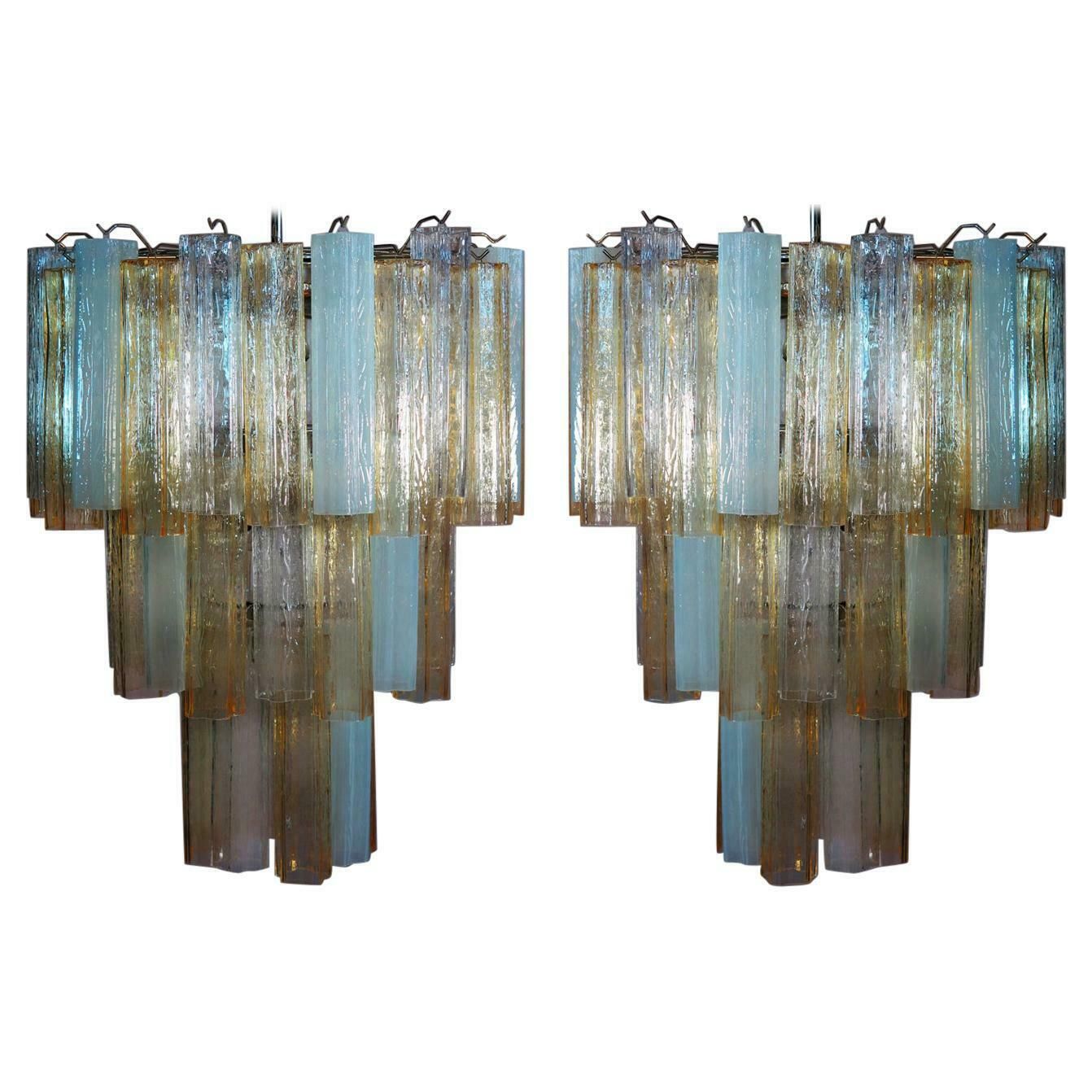 Pair Large Three Tier Venini Murano Glass Tube Chandelier 1980s photo for sale