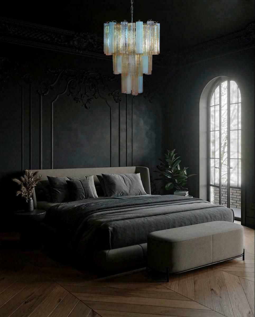 Pair Large Three Tier Venini Murano Glass Tube Chandelier 1980s photo Lighting