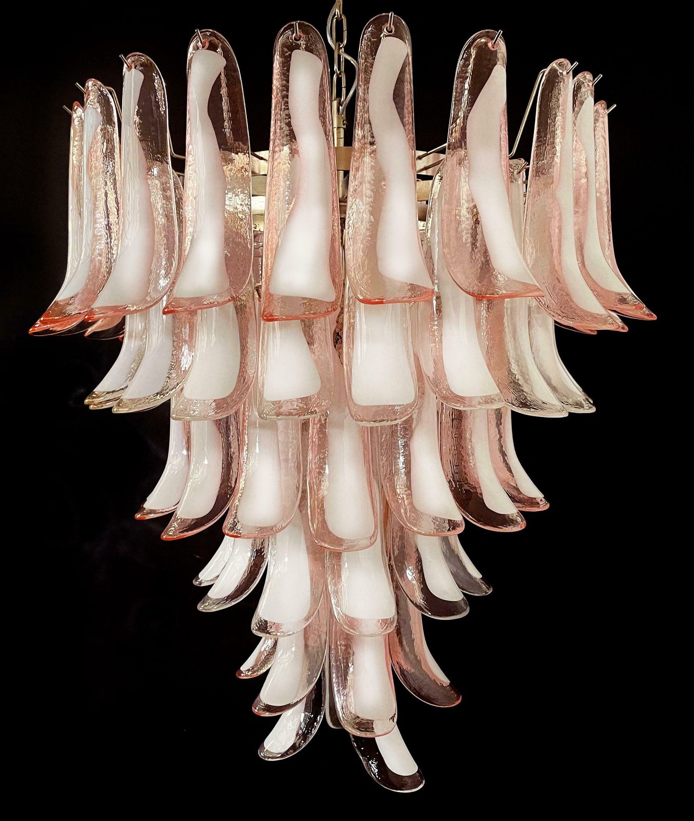 Fabulous Pair Of Italian 75 Pink And White Petal Chandeliers, Murano photo furniture