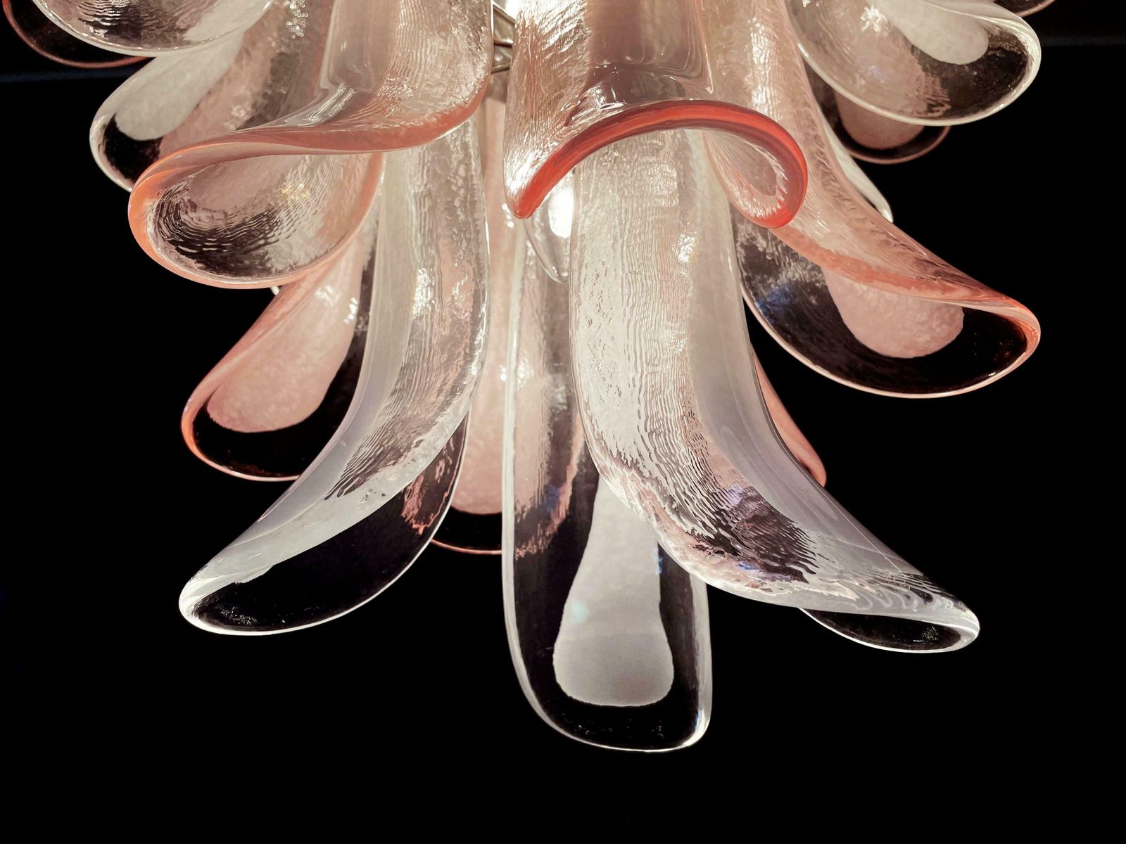 Fabulous Pair Of Italian 75 Pink And White Petal Chandeliers, Murano photo Lighting