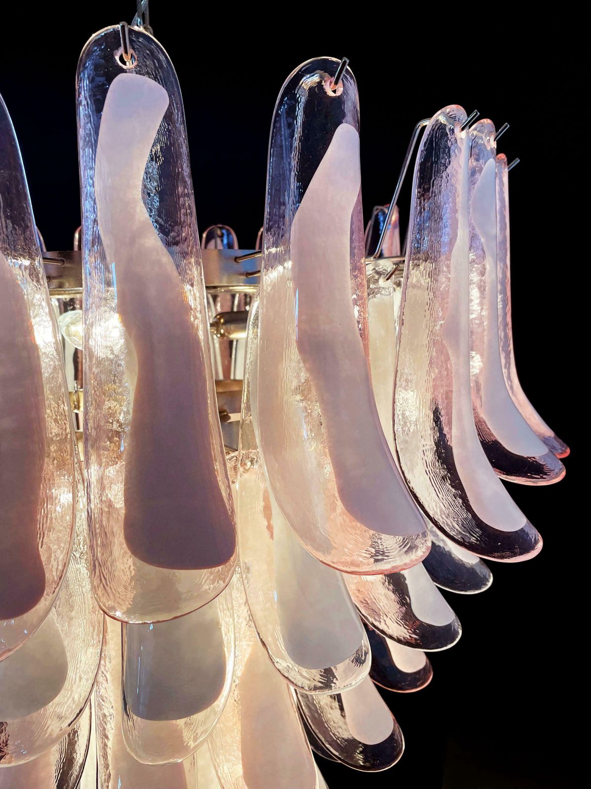 Fabulous Pair Of Italian 75 Pink And White Petal Chandeliers, Murano photo vinterior