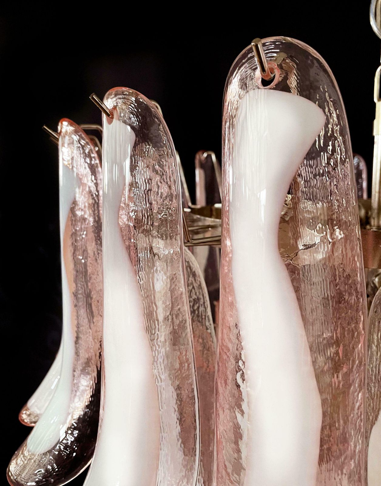 photo for sale Fabulous Pair Of Italian 75 Pink And White Petal Chandeliers, Murano